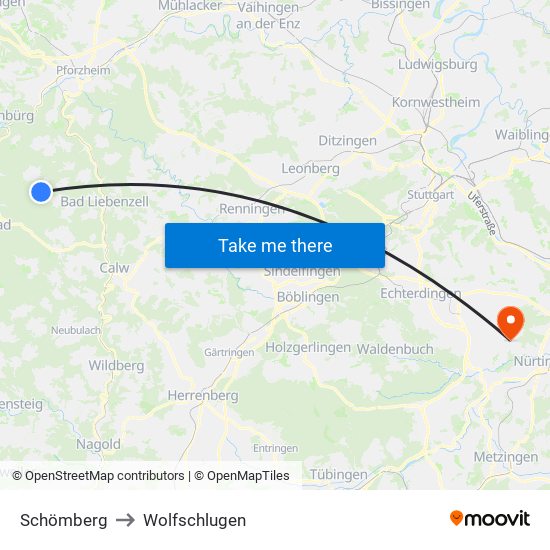 Schömberg to Wolfschlugen map