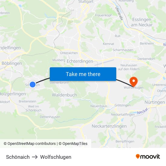 Schönaich to Wolfschlugen map