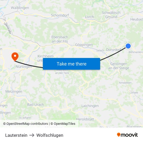 Lauterstein to Wolfschlugen map