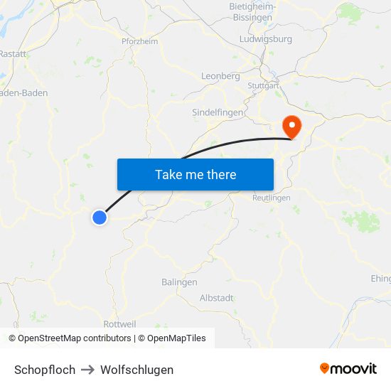 Schopfloch to Wolfschlugen map