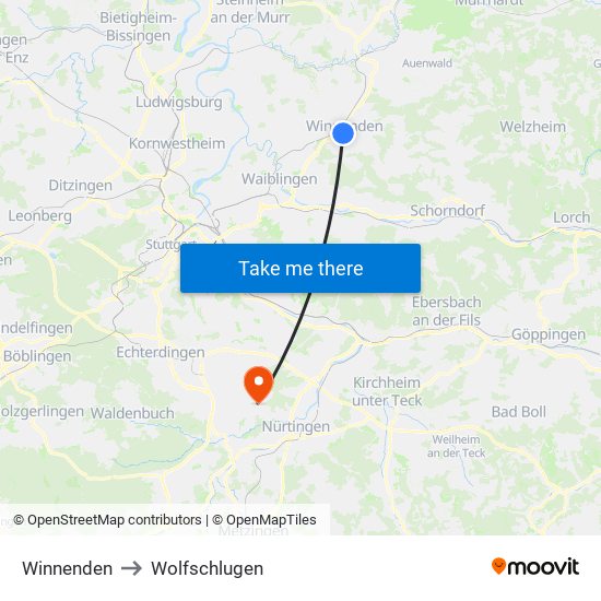 Winnenden to Wolfschlugen map