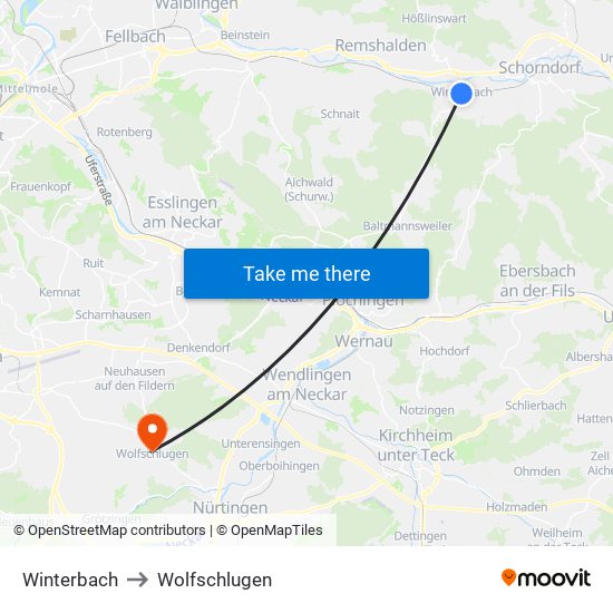 Winterbach to Wolfschlugen map