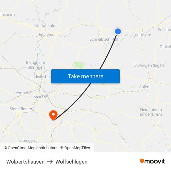 Wolpertshausen to Wolfschlugen map