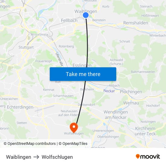 Waiblingen to Wolfschlugen map