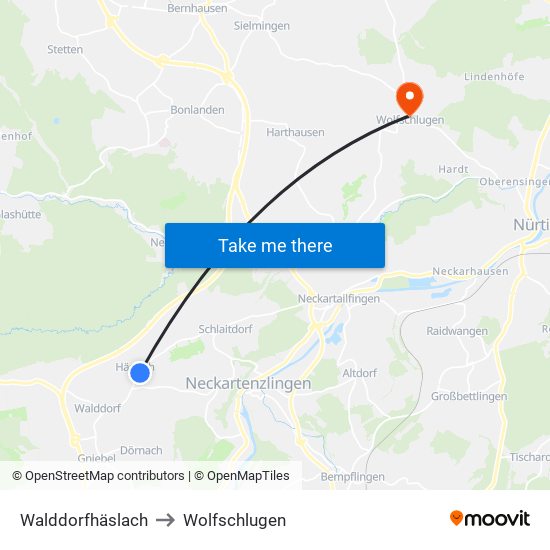 Walddorfhäslach to Wolfschlugen map