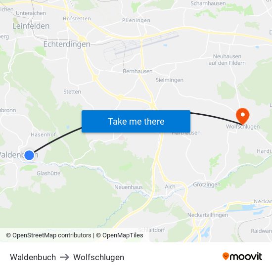 Waldenbuch to Wolfschlugen map