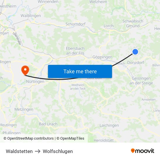 Waldstetten to Wolfschlugen map
