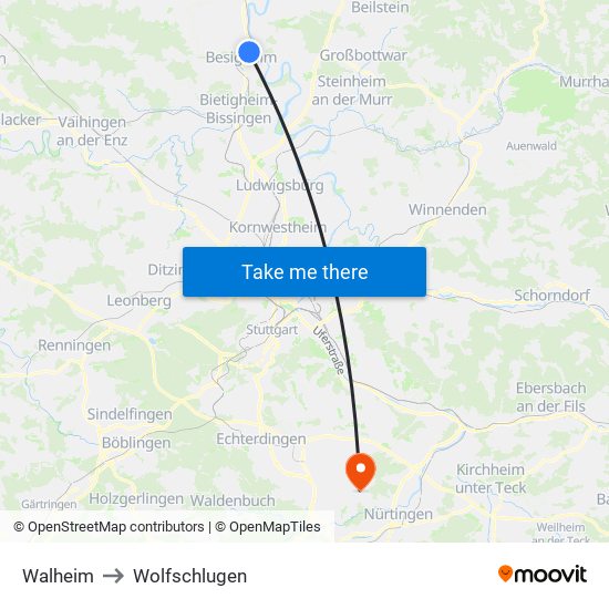 Walheim to Wolfschlugen map