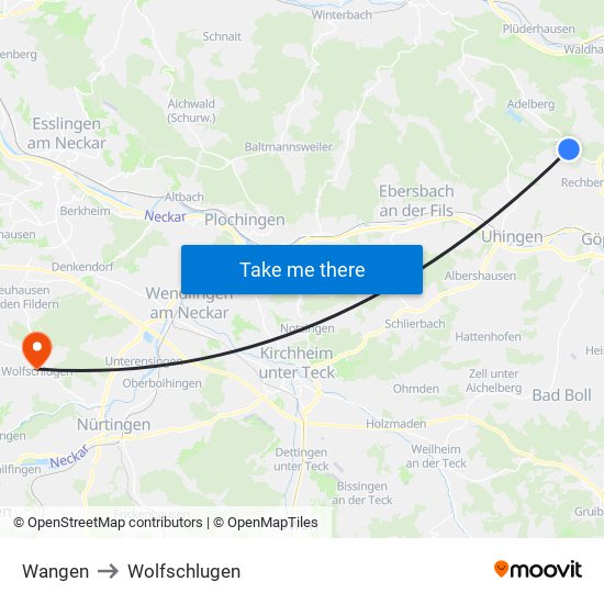 Wangen to Wolfschlugen map