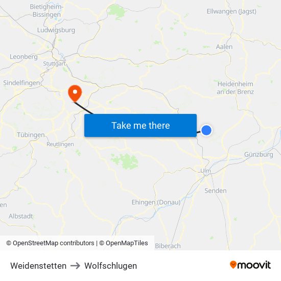 Weidenstetten to Wolfschlugen map