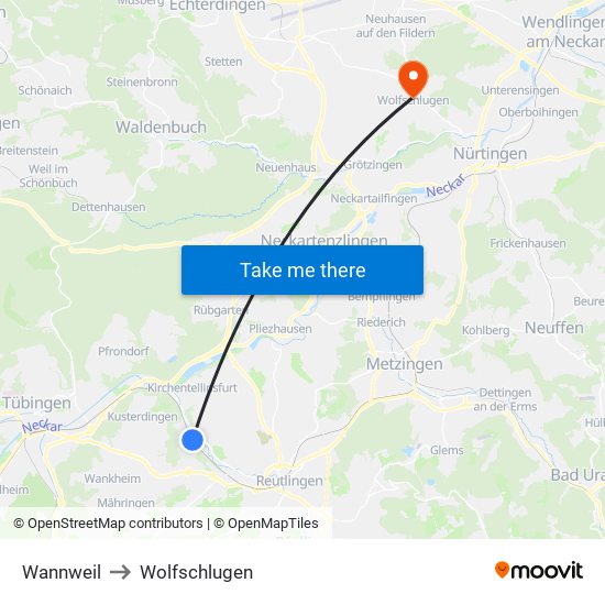 Wannweil to Wolfschlugen map