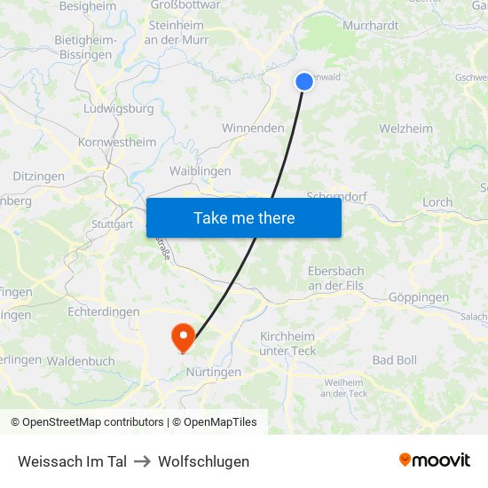 Weissach Im Tal to Wolfschlugen map