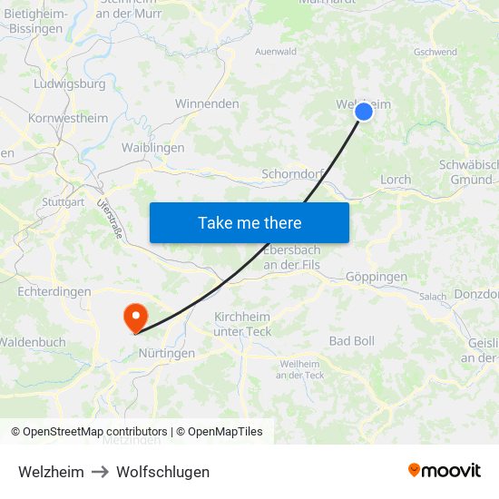 Welzheim to Wolfschlugen map