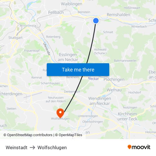 Weinstadt to Wolfschlugen map