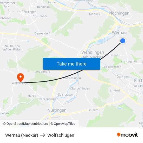 Wernau (Neckar) to Wolfschlugen map