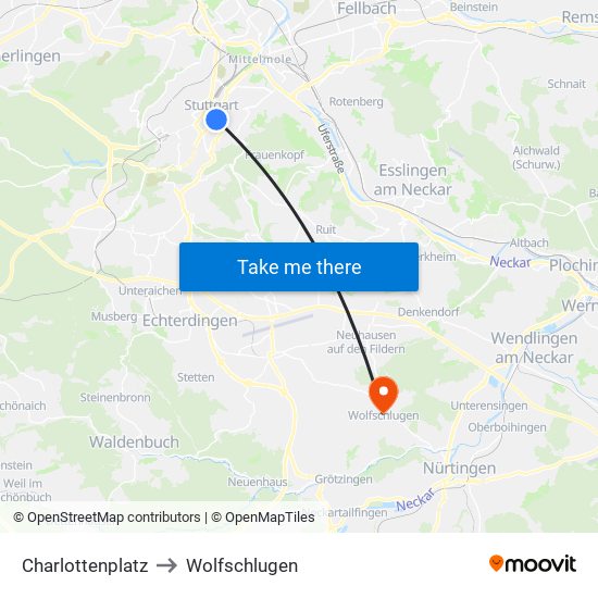 Charlottenplatz to Wolfschlugen map