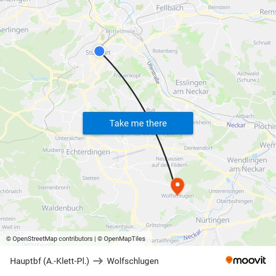 Hauptbf (A.-Klett-Pl.) to Wolfschlugen map