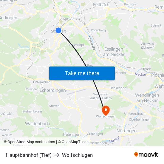 Hauptbahnhof (Tief) to Wolfschlugen map