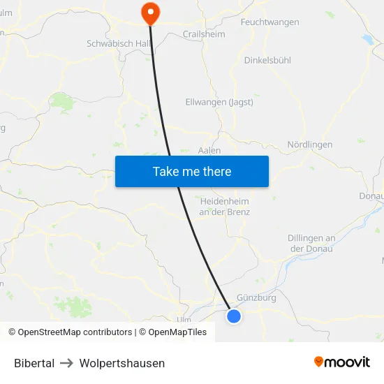 Bibertal to Wolpertshausen map