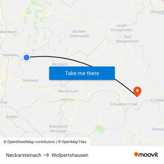 Neckarsteinach to Wolpertshausen map