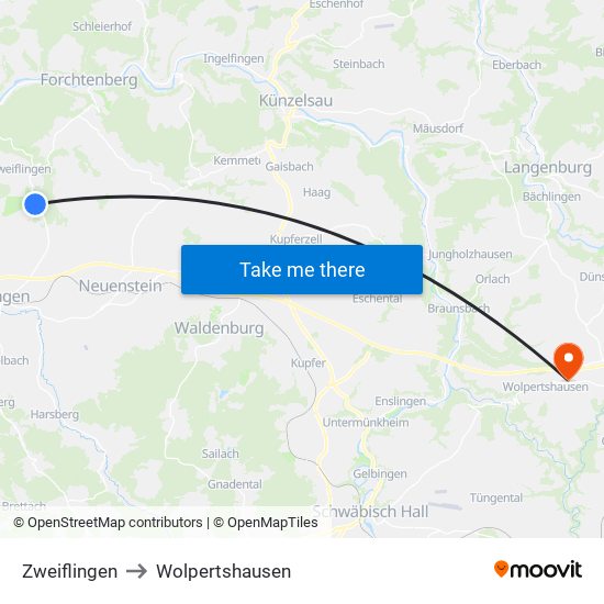 Zweiflingen to Wolpertshausen map