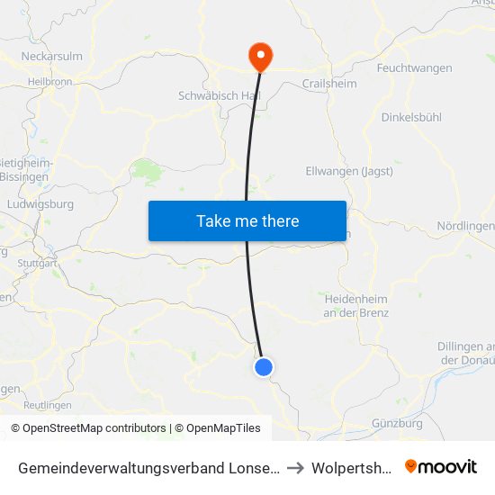 Gemeindeverwaltungsverband Lonsee-Amstetten to Wolpertshausen map