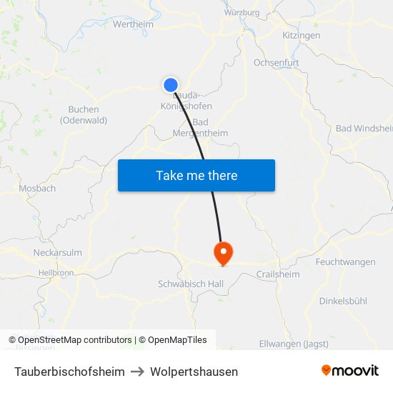 Tauberbischofsheim to Wolpertshausen map