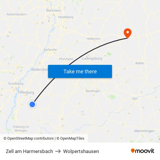 Zell am Harmersbach to Wolpertshausen map