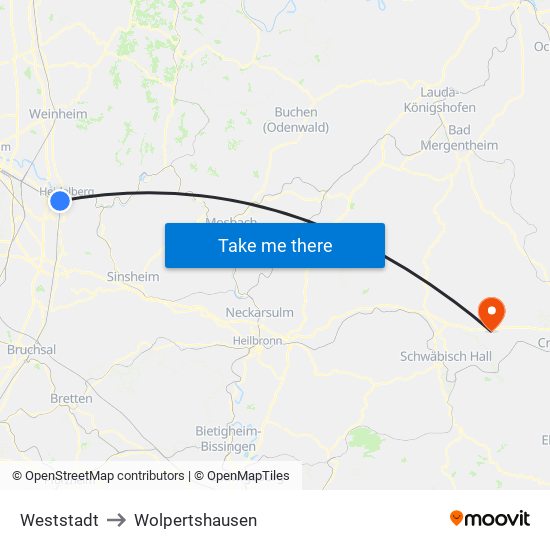 Weststadt to Wolpertshausen map