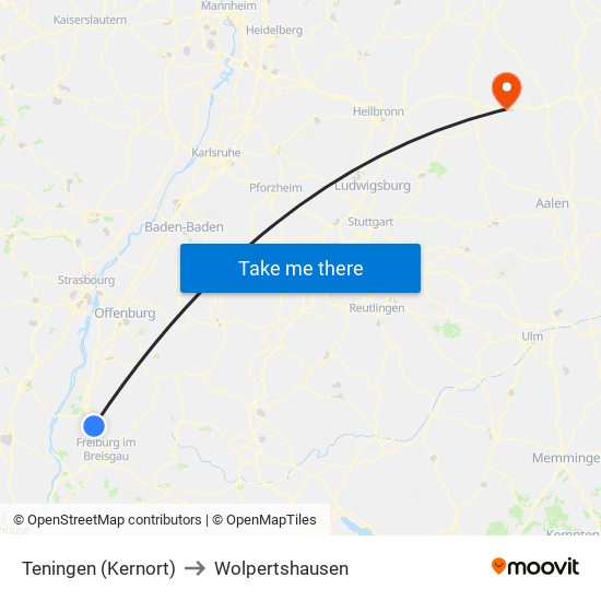 Teningen (Kernort) to Wolpertshausen map