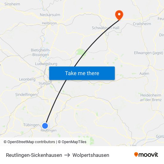 Reutlingen-Sickenhausen to Wolpertshausen map