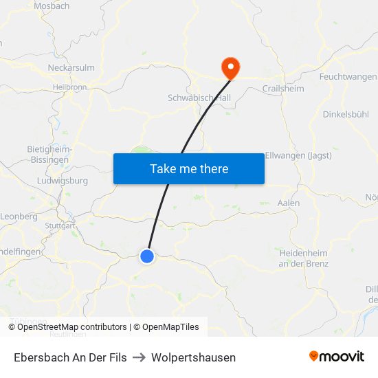 Ebersbach An Der Fils to Wolpertshausen map