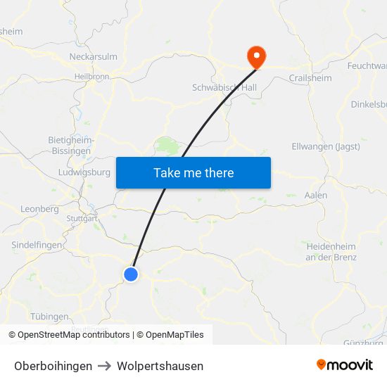 Oberboihingen to Wolpertshausen map