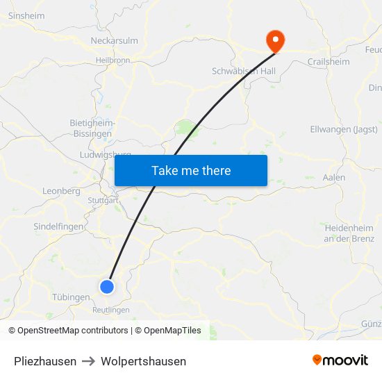 Pliezhausen to Wolpertshausen map