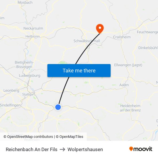 Reichenbach An Der Fils to Wolpertshausen map