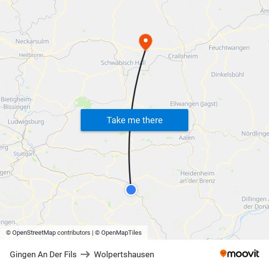 Gingen An Der Fils to Wolpertshausen map