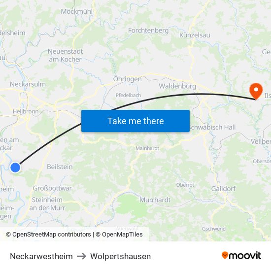 Neckarwestheim to Wolpertshausen map