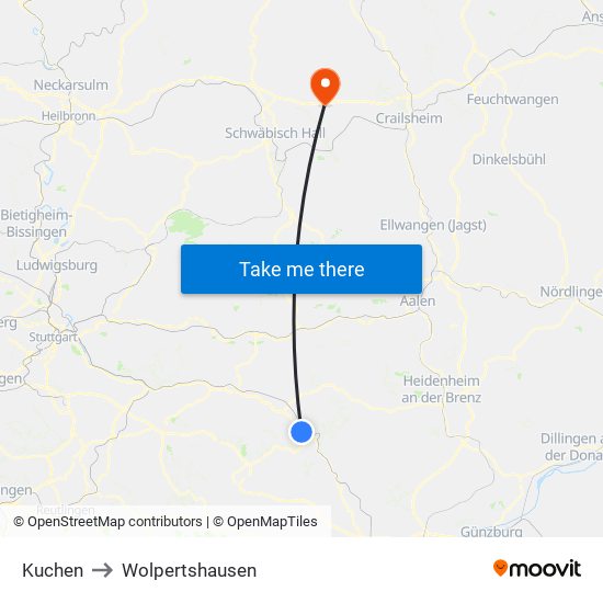 Kuchen to Wolpertshausen map