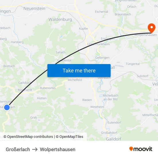 Großerlach to Wolpertshausen map