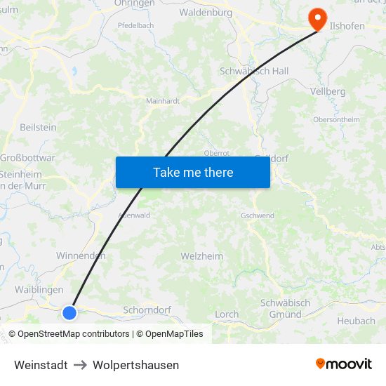 Weinstadt to Wolpertshausen map