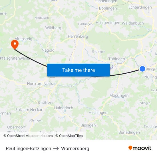 Reutlingen-Betzingen to Wörnersberg map