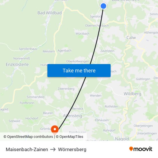 Maisenbach-Zainen to Wörnersberg map