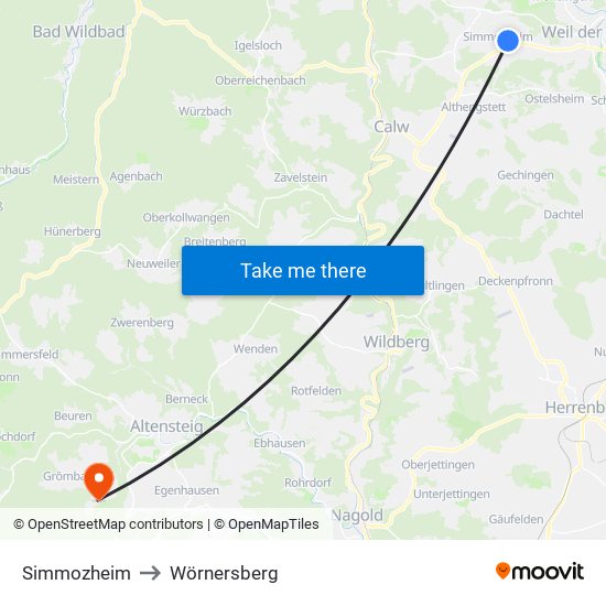 Simmozheim to Wörnersberg map