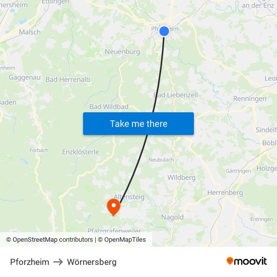 Pforzheim to Wörnersberg map