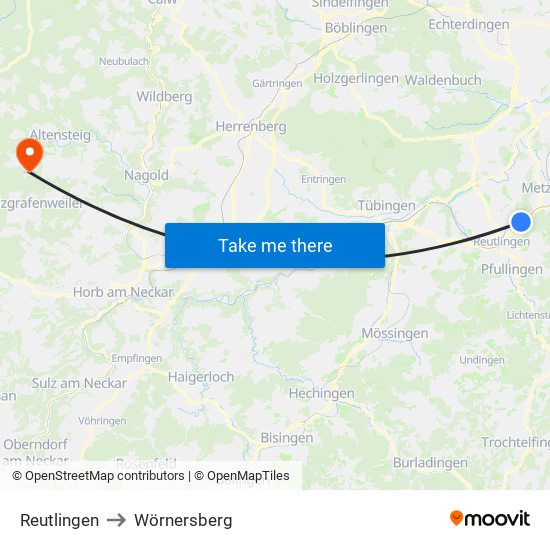 Reutlingen to Wörnersberg map