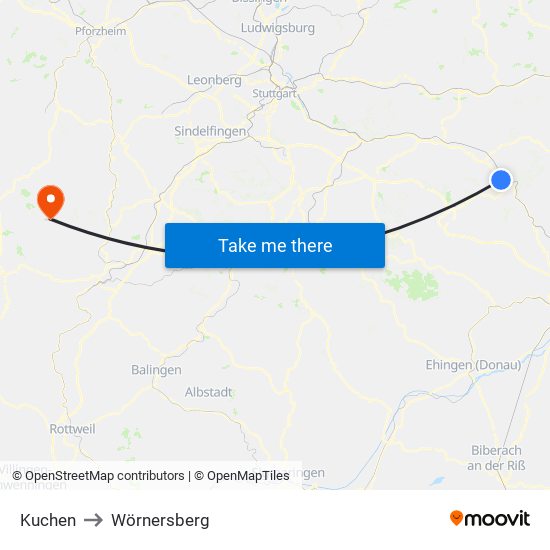 Kuchen to Wörnersberg map