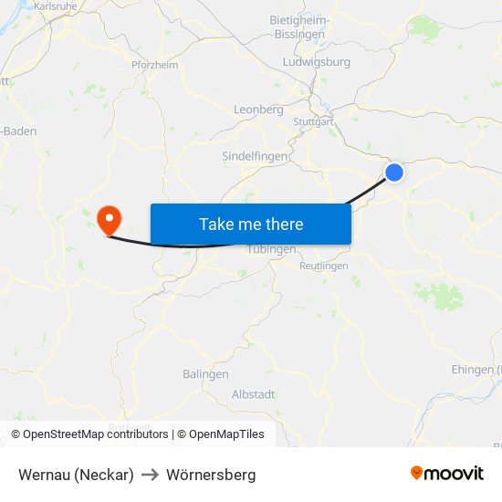 Wernau (Neckar) to Wörnersberg map