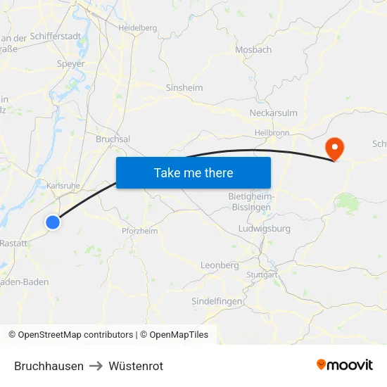 Bruchhausen to Wüstenrot map