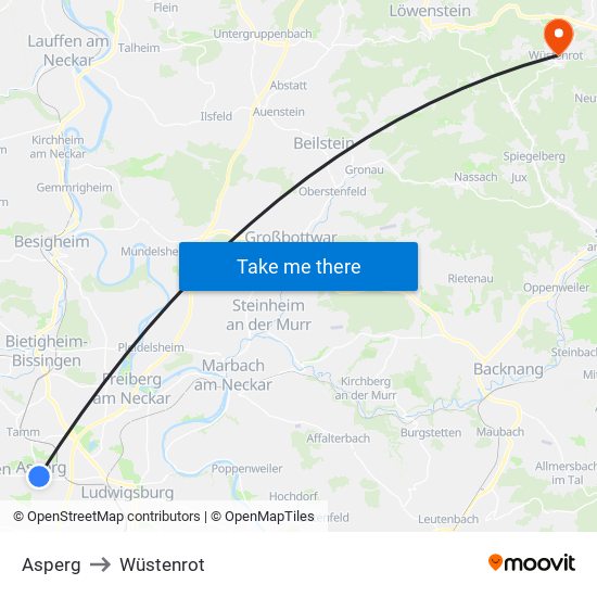Asperg to Wüstenrot map