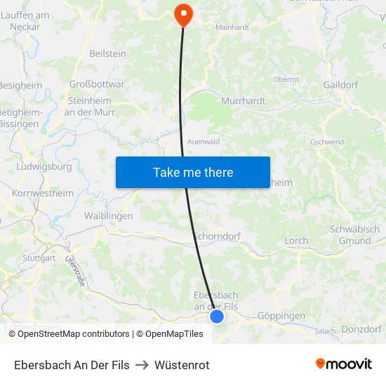 Ebersbach An Der Fils to Wüstenrot map